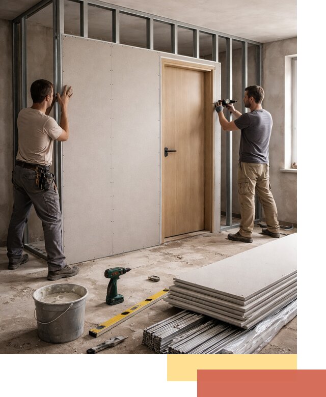 Перегородка из гипсокартона с дверью под ключ в Полысаево