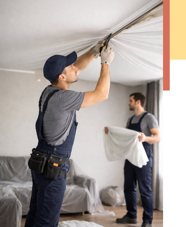 Демонтаж натяжного потолка в Полысаево от 4627 руб. — снятие и разбор под ключ | ОТДЕЛОЧНИК-Плс