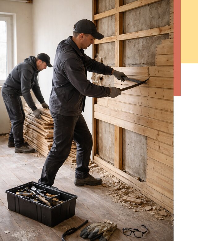 Демонтаж вагонки в Полысаево от 3908 руб/м2 — быстро и недорого | ОТДЕЛОЧНИК-Плс