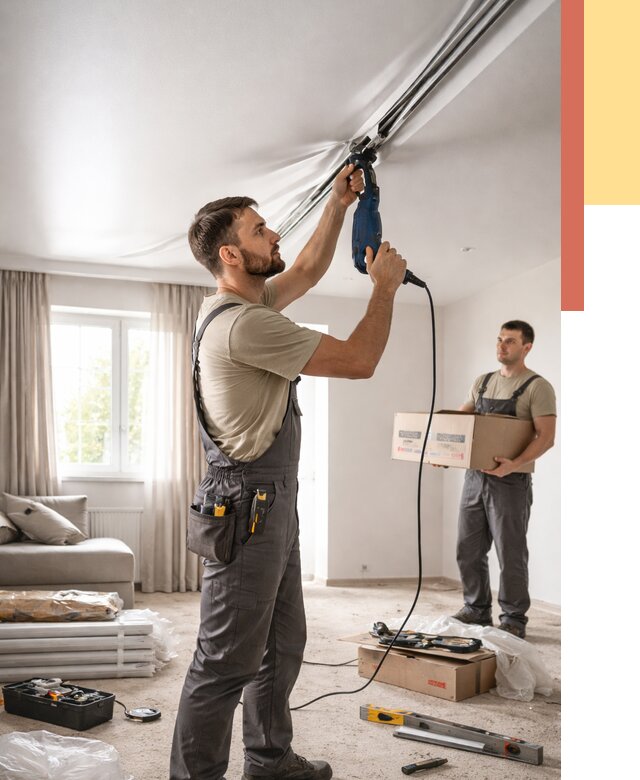 Монтаж сатинового натяжного потолка в Полысаево от 3599 руб. | Быстро, недорого — ОТДЕЛОЧНИК-Плс