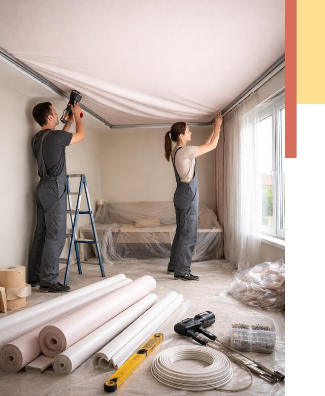 Монтаж цветного натяжного потолка в Полысаево от 4319 руб/м² — быстро и недорого | ОТДЕЛОЧНИК-Плс