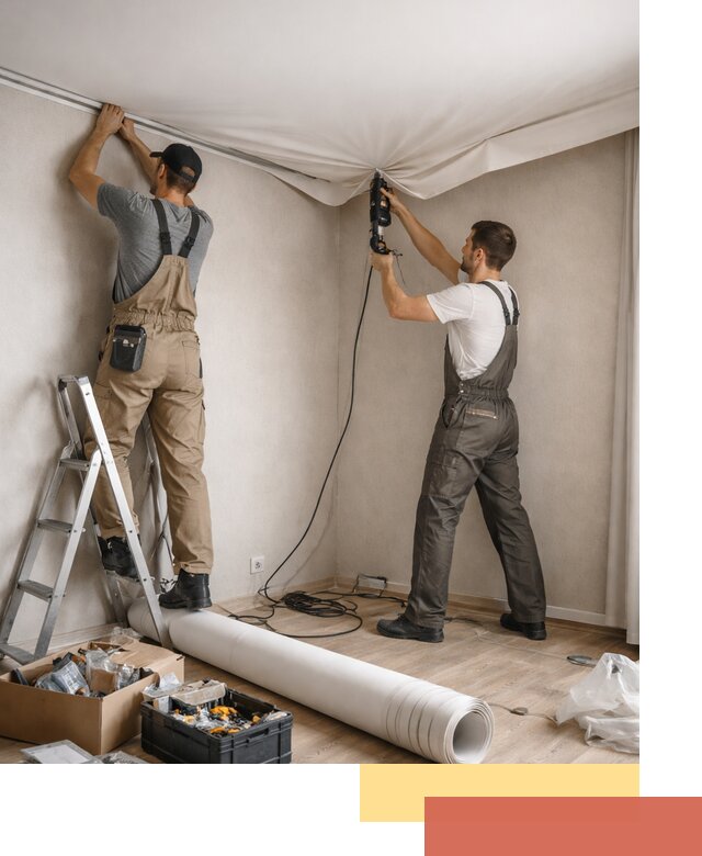 Монтаж цветного натяжного потолка в Полысаево за один день