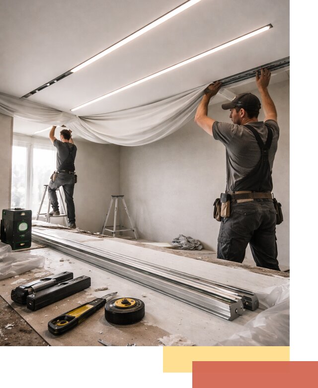 Монтаж натяжных потолков со световыми линиями в Полысаево