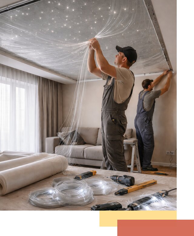 Монтаж натяжного потолка «Звездное небо» в Полысаево