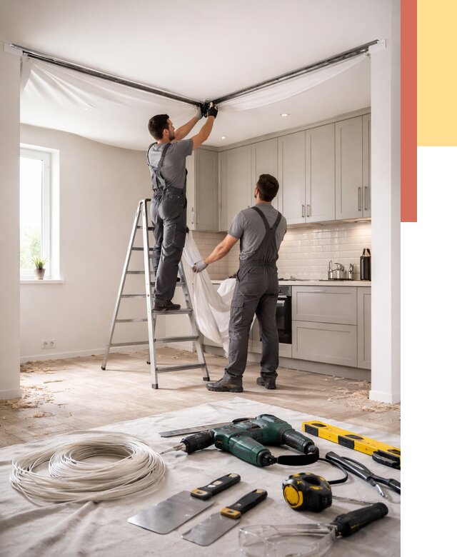 Установка натяжного потолка на кухне в Полысаево от 2468 руб. | ОТДЕЛОЧНИК-Плс