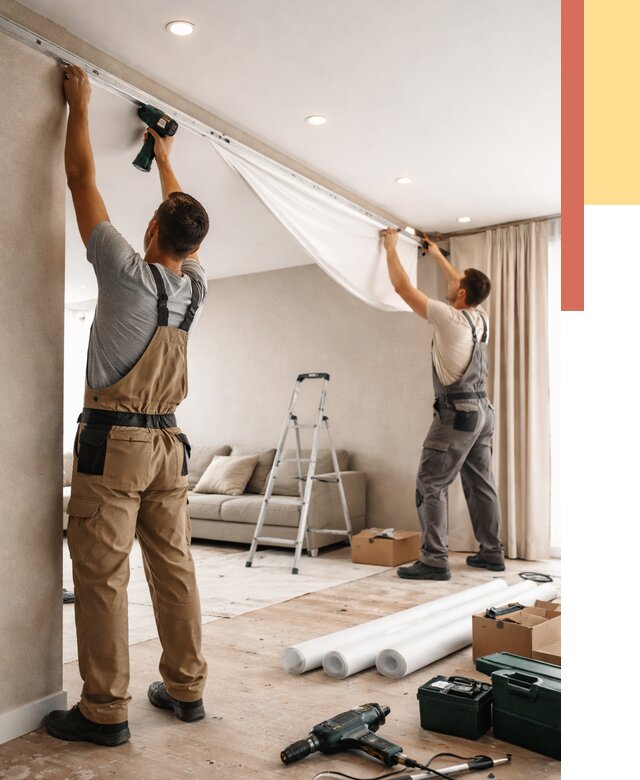 Монтаж натяжного потолка в гостиной в Полысаево от 566 руб. | ОТДЕЛОЧНИК-Плс