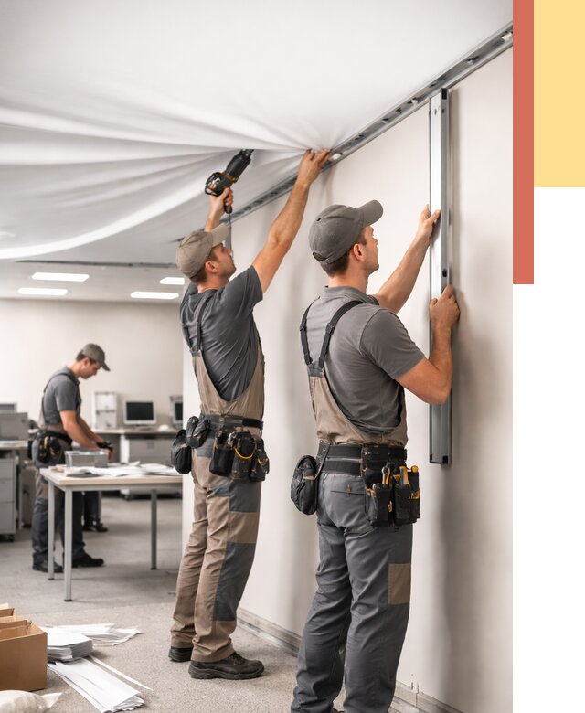 Монтаж натяжного потолка в офисе в Полысаево от 463 руб/м² — быстро и недорого | ОТДЕЛОЧНИК-Плс