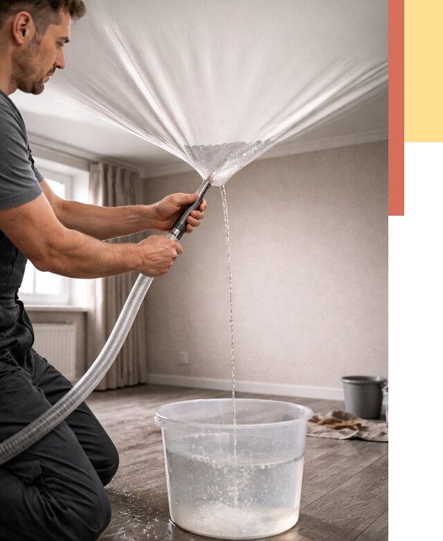 Слив воды с натяжного потолка в Полысаево от 2571 руб. быстро и недорого | ОТДЕЛОЧНИК-Плс