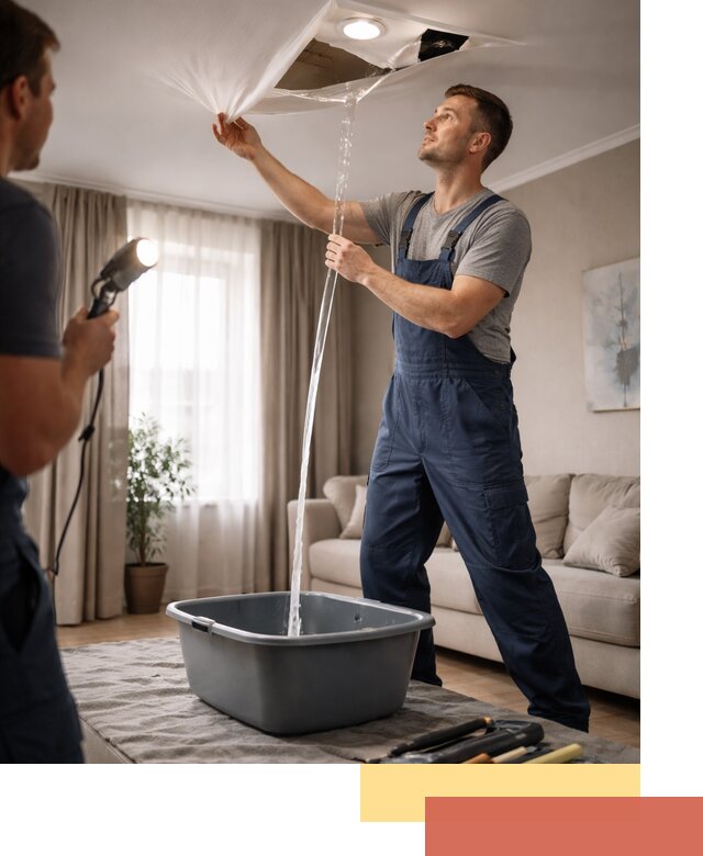 Слив воды с натяжного потолка в Полысаево быстро и аккуратно